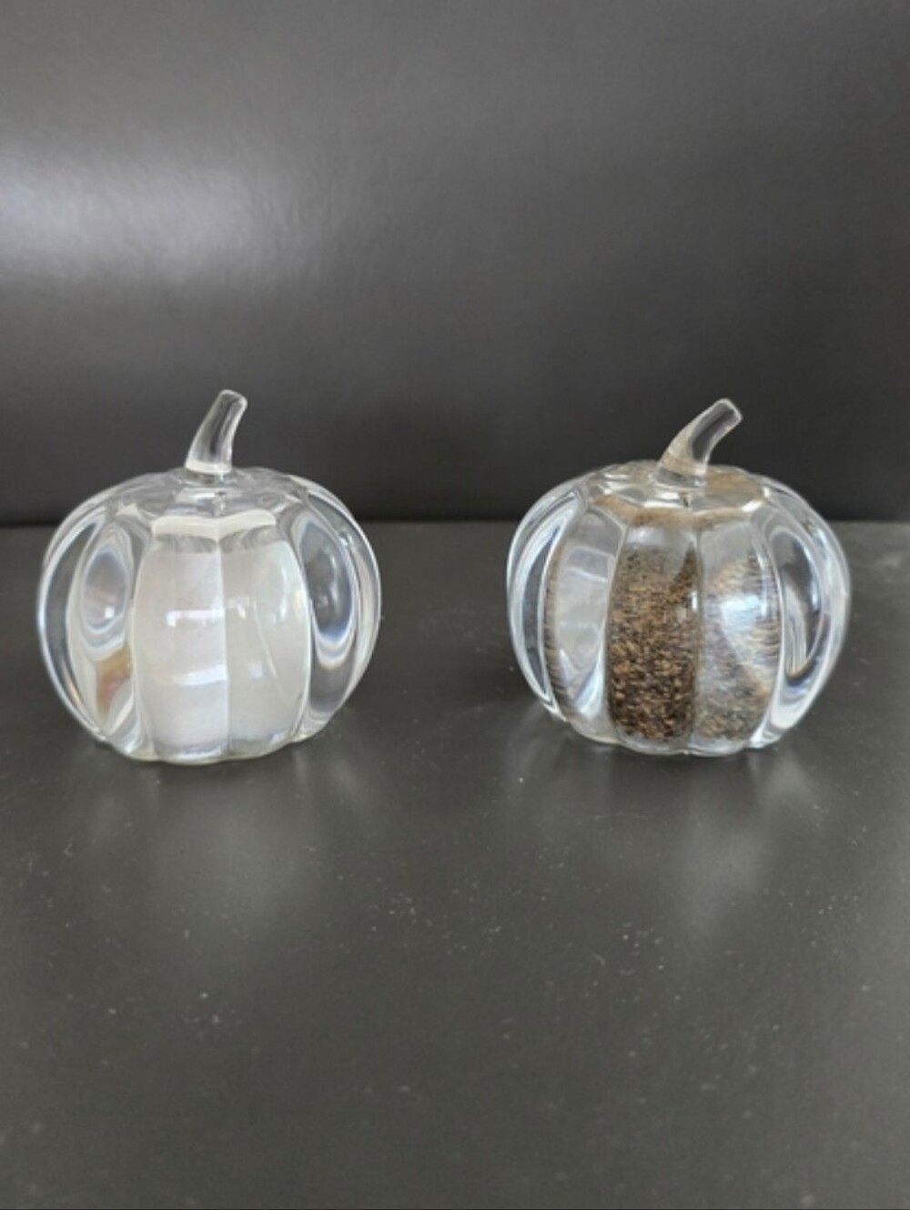 Vintage Clear Glass Pumpkin Salt & Pepper Shakers Set • Fall Decor Tabletop